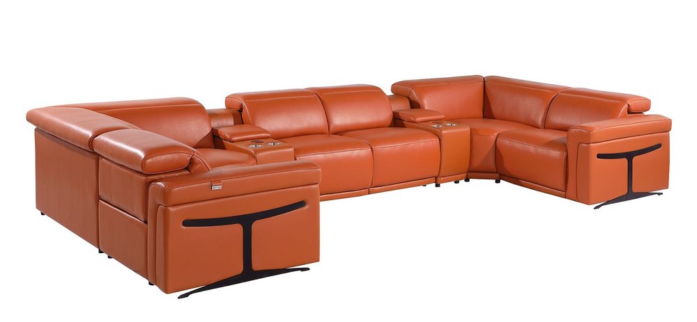 Camel Italian Leather Power Reclining U Shaped Eight Piece Corner Sectional With Console HomeRoots