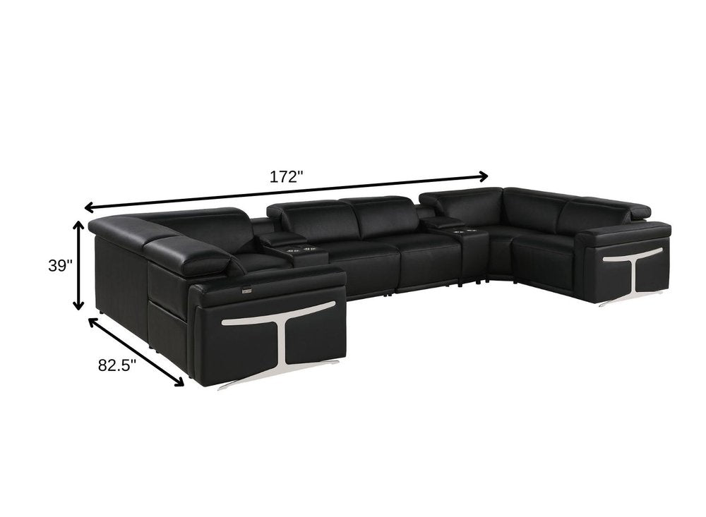Black Italian Leather Power Reclining U Shaped Eight Piece Corner Sectional With Console HomeRoots