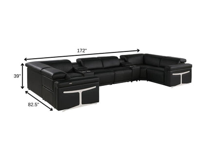 Black Italian Leather Power Reclining U Shaped Eight Piece Corner Sectional With Console HomeRoots