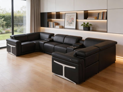 Black Italian Leather Power Reclining U Shaped Eight Piece Corner Sectional With Console HomeRoots