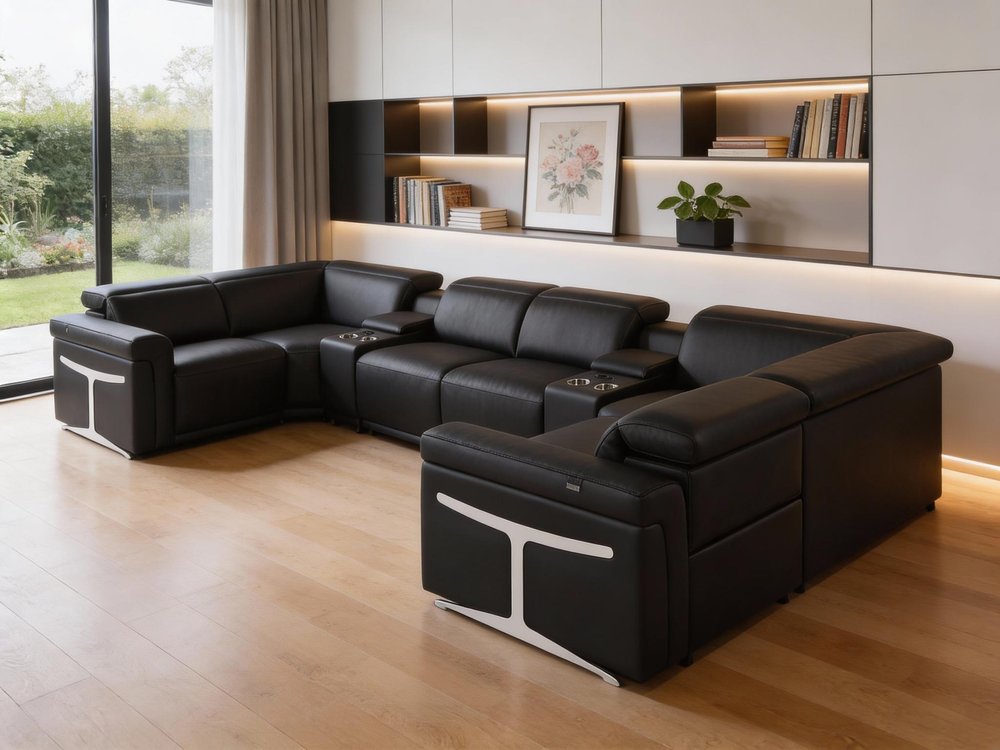 Black Italian Leather Power Reclining U Shaped Eight Piece Corner Sectional With Console HomeRoots