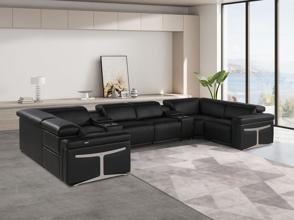 Black Italian Leather Power Reclining U Shaped Eight Piece Corner Sectional With Console HomeRoots