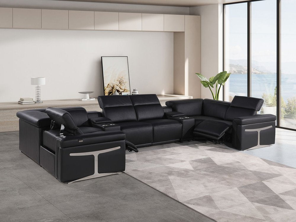 Black Italian Leather Power Reclining U Shaped Eight Piece Corner Sectional With Console HomeRoots