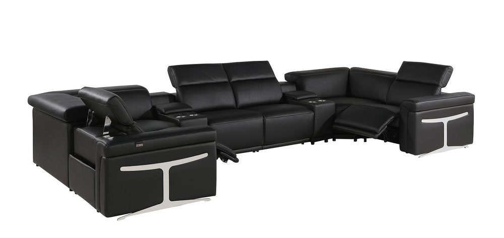 Black Italian Leather Power Reclining U Shaped Eight Piece Corner Sectional With Console HomeRoots