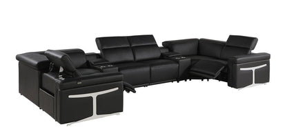 Black Italian Leather Power Reclining U Shaped Eight Piece Corner Sectional With Console HomeRoots