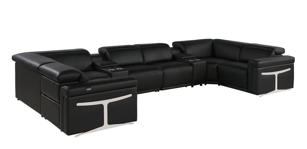 Black Italian Leather Power Reclining U Shaped Eight Piece Corner Sectional With Console HomeRoots