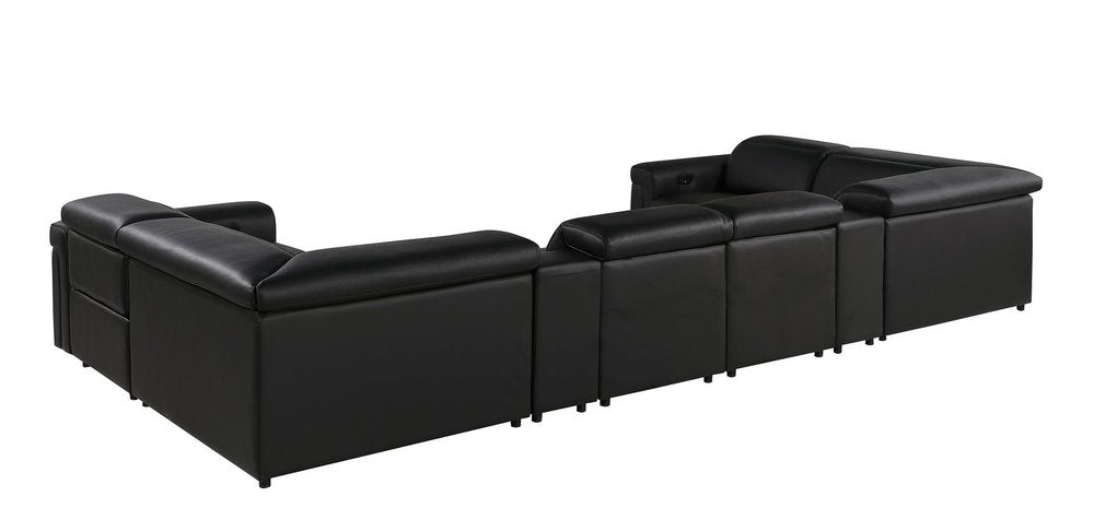 Black Italian Leather Power Reclining U Shaped Eight Piece Corner Sectional With Console HomeRoots