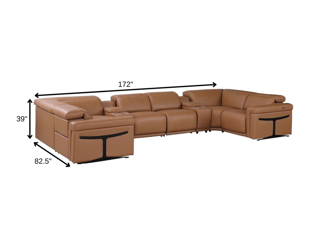 Chestnut Italian Leather Power Reclining U Shaped Eight Piece Corner Sectional With Console HomeRoots