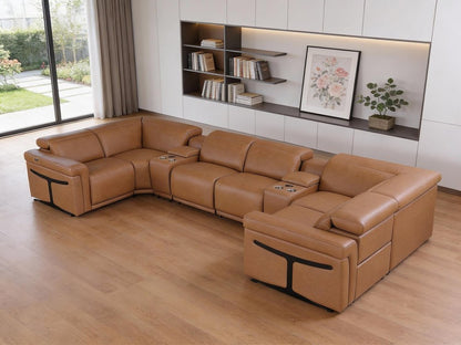 Chestnut Italian Leather Power Reclining U Shaped Eight Piece Corner Sectional With Console HomeRoots