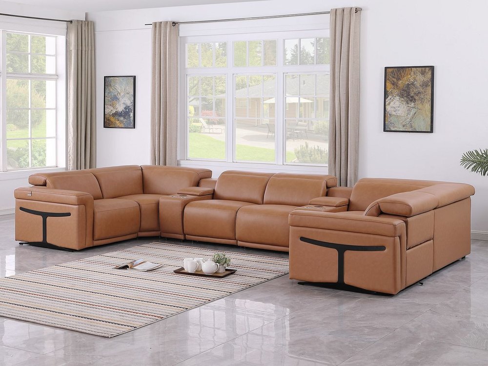 Chestnut Italian Leather Power Reclining U Shaped Eight Piece Corner Sectional With Console HomeRoots
