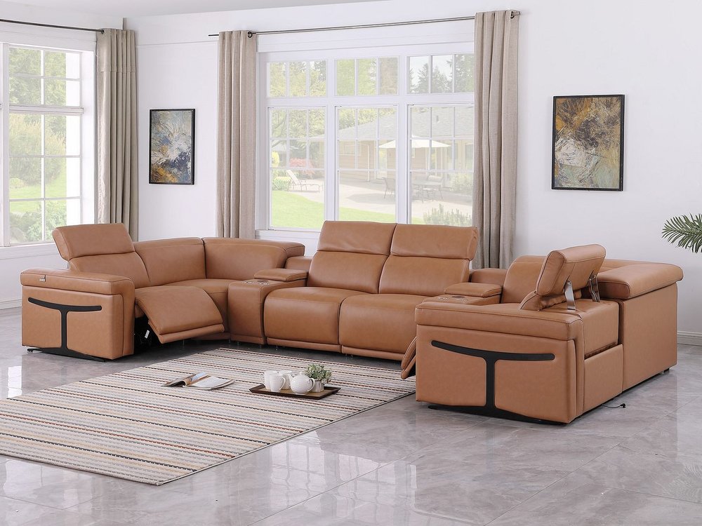 Chestnut Italian Leather Power Reclining U Shaped Eight Piece Corner Sectional With Console HomeRoots