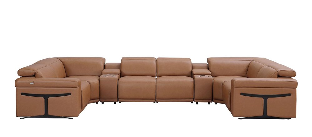 Chestnut Italian Leather Power Reclining U Shaped Eight Piece Corner Sectional With Console HomeRoots