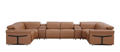 Chestnut Italian Leather Power Reclining U Shaped Eight Piece Corner Sectional With Console HomeRoots