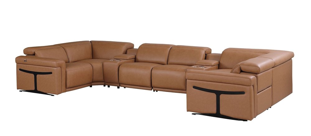 Chestnut Italian Leather Power Reclining U Shaped Eight Piece Corner Sectional With Console HomeRoots