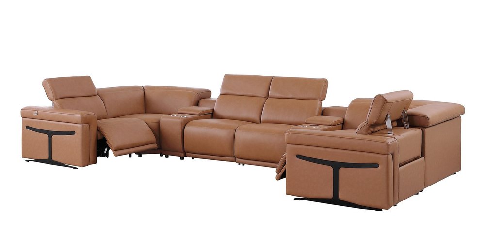 Chestnut Italian Leather Power Reclining U Shaped Eight Piece Corner Sectional With Console HomeRoots