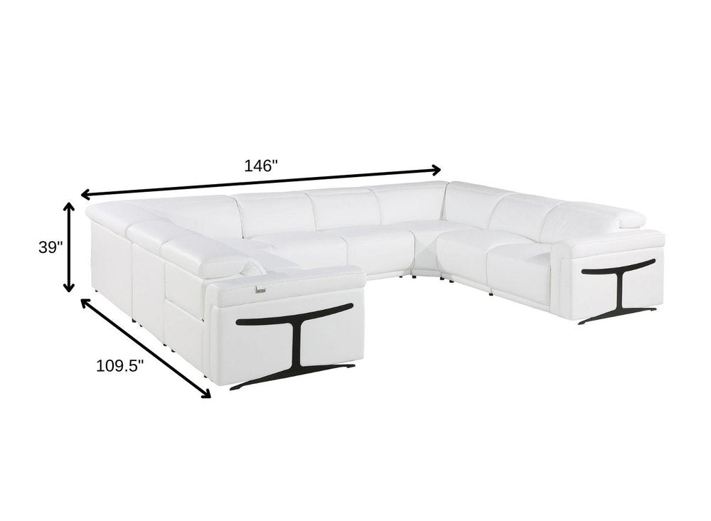 White Italian Leather Power Reclining U Shaped Eight Piece Corner Sectional With Console HomeRoots