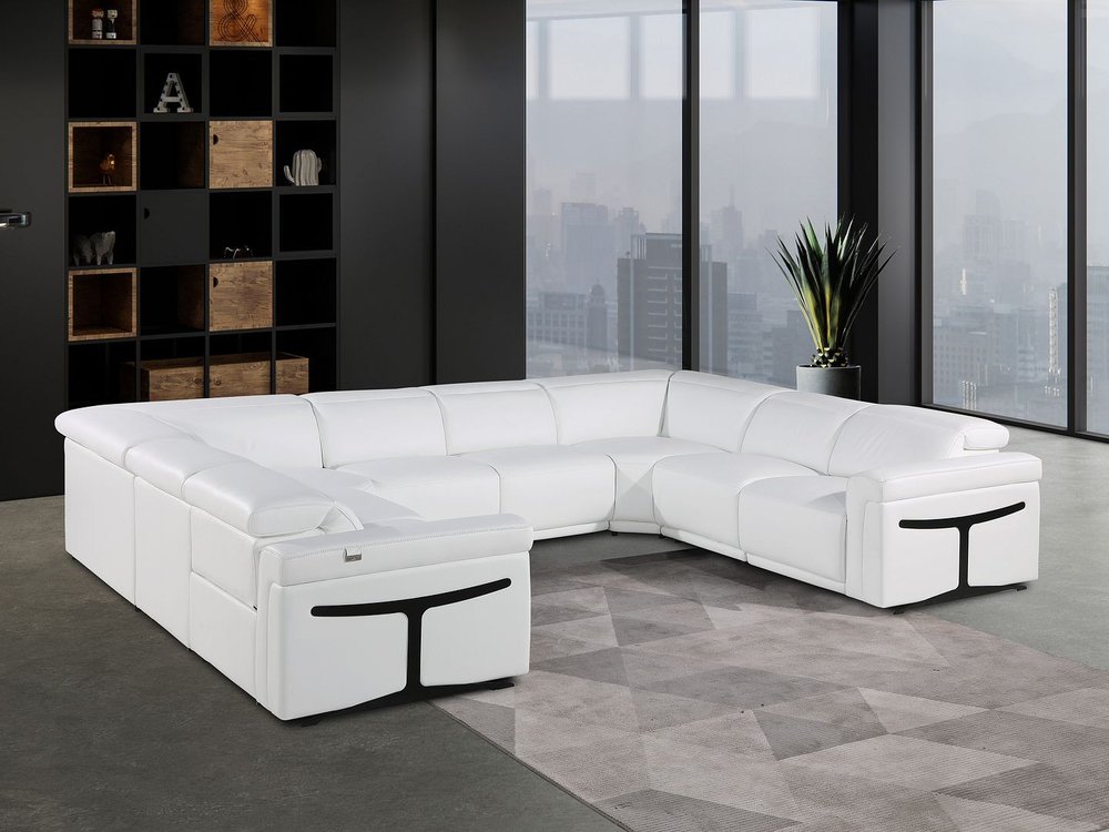 White Italian Leather Power Reclining U Shaped Eight Piece Corner Sectional With Console - FurniFindUSA