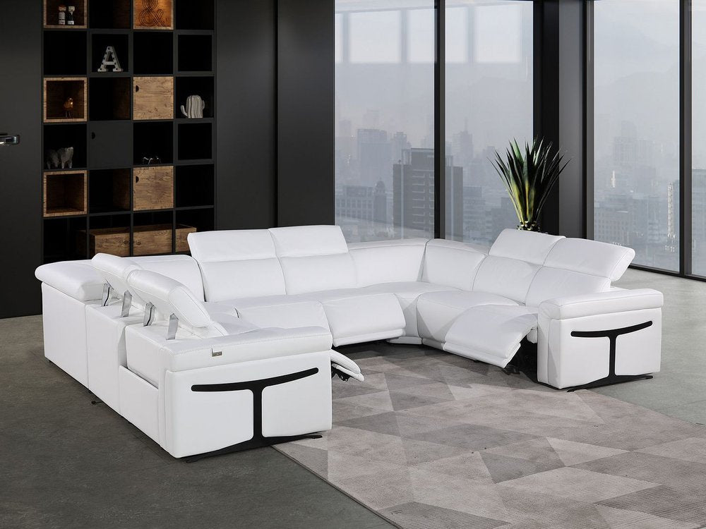 White Italian Leather Power Reclining U Shaped Eight Piece Corner Sectional With Console - FurniFindUSA