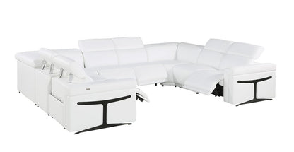 White Italian Leather Power Reclining U Shaped Eight Piece Corner Sectional With Console - FurniFindUSA