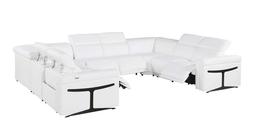 White Italian Leather Power Reclining U Shaped Eight Piece Corner Sectional With Console HomeRoots