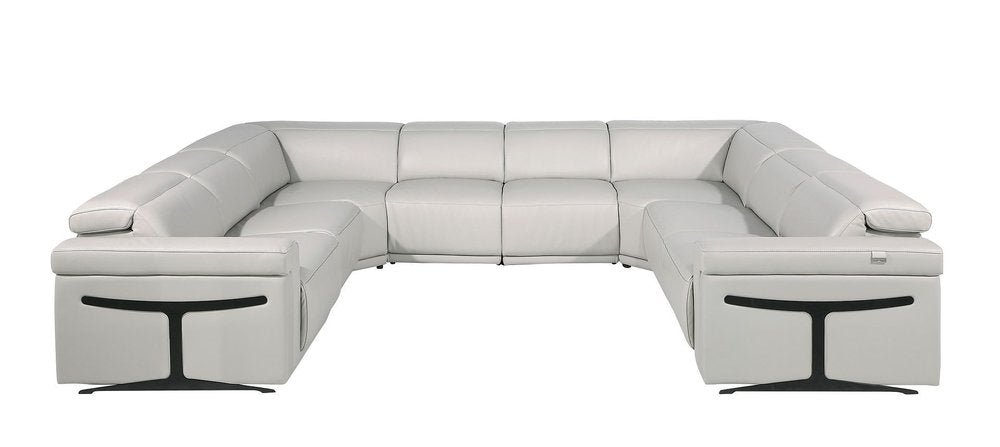 Light Gray Italian Leather Power Reclining U Shaped Eight Piece Corner Sectional With Console HomeRoots