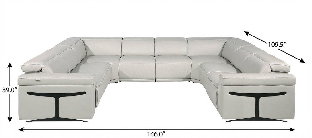 Light Gray Italian Leather Power Reclining U Shaped Eight Piece Corner Sectional With Console HomeRoots