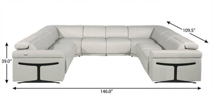 Light Gray Italian Leather Power Reclining U Shaped Eight Piece Corner Sectional With Console HomeRoots