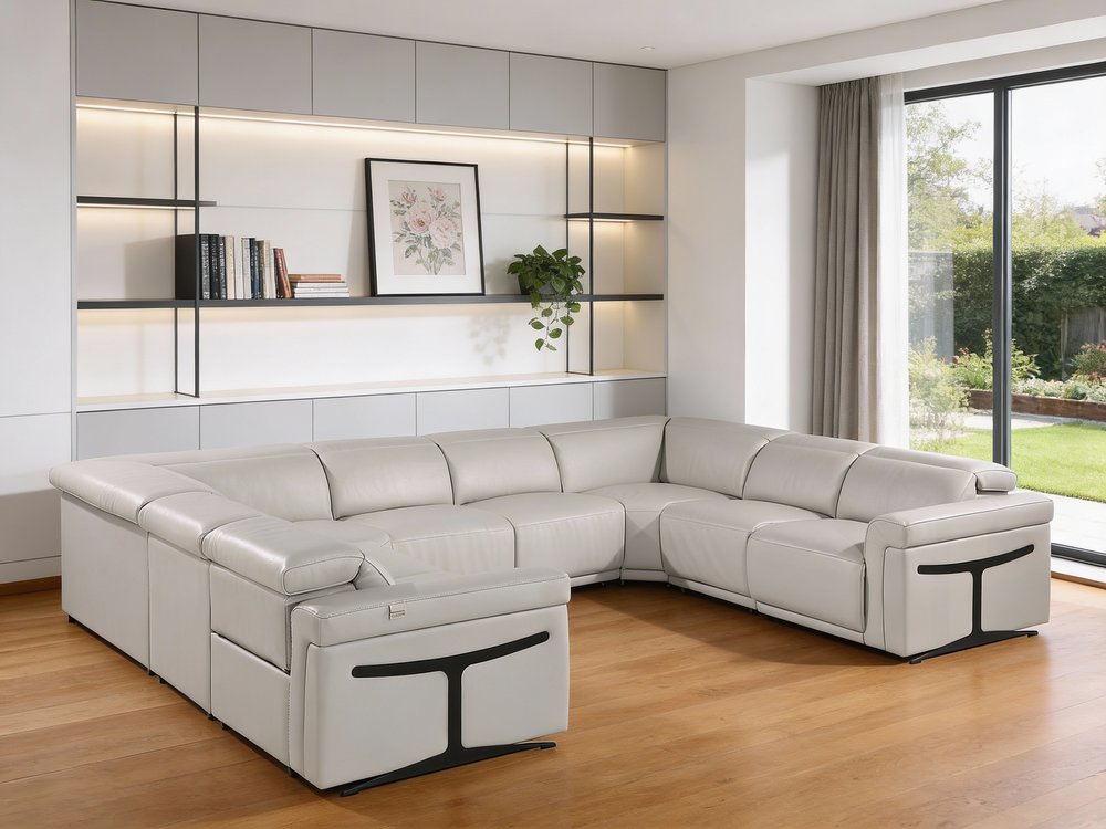 Light Gray Italian Leather Power Reclining U Shaped Eight Piece Corner Sectional With Console HomeRoots