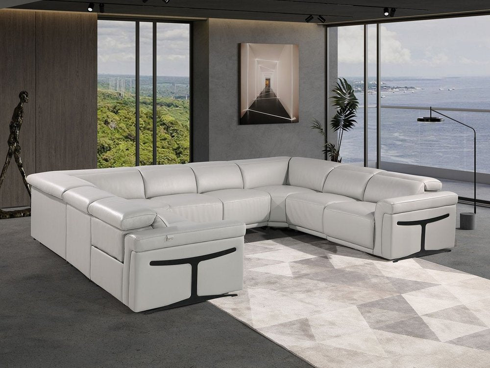 Light Gray Italian Leather Power Reclining U Shaped Eight Piece Corner Sectional With Console HomeRoots