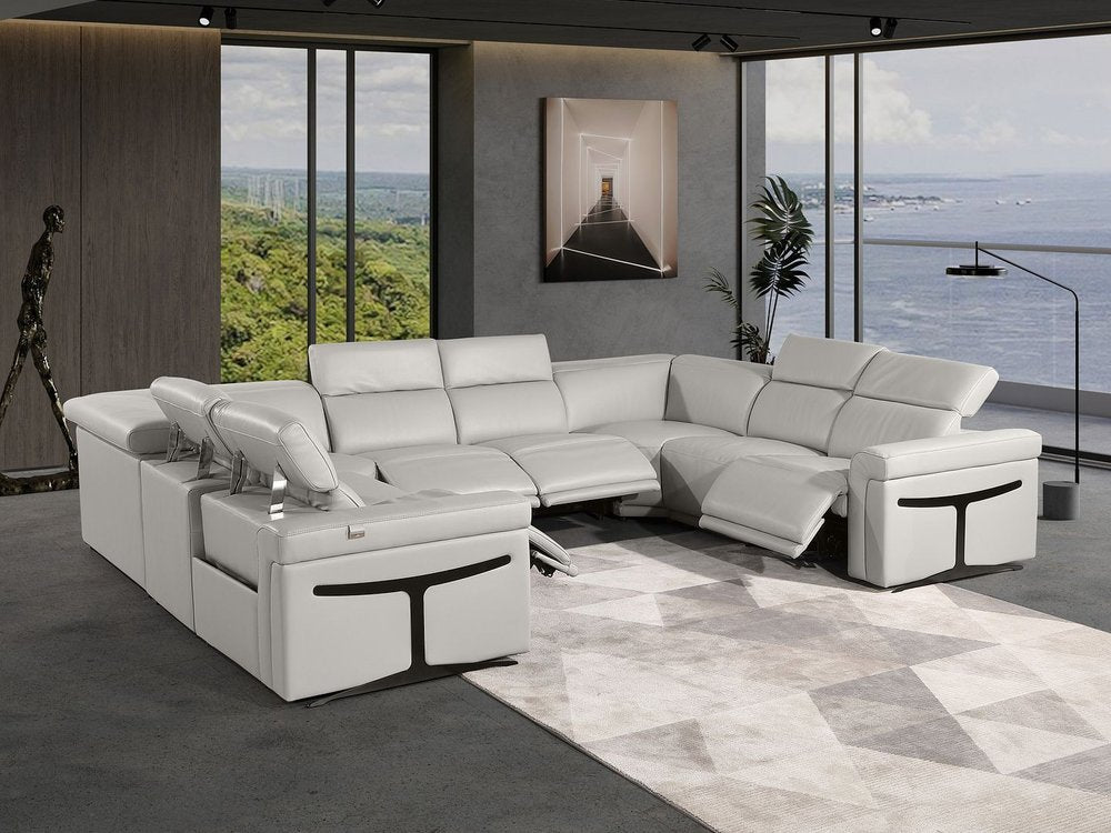 Light Gray Italian Leather Power Reclining U Shaped Eight Piece Corner Sectional With Console HomeRoots