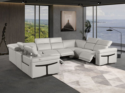 Light Gray Italian Leather Power Reclining U Shaped Eight Piece Corner Sectional With Console HomeRoots
