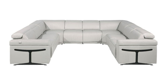 Light Gray Italian Leather Power Reclining U Shaped Eight Piece Corner Sectional With Console HomeRoots