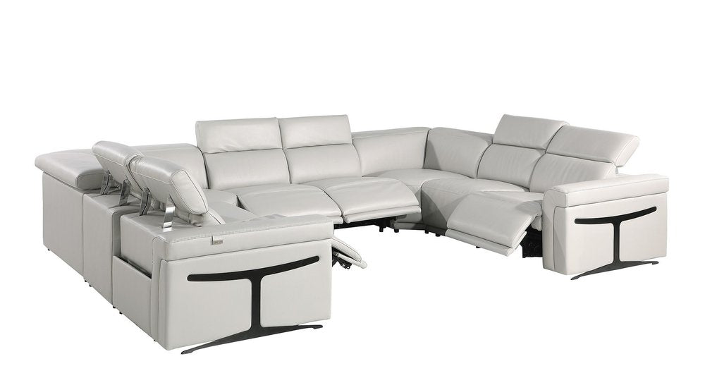 Light Gray Italian Leather Power Reclining U Shaped Eight Piece Corner Sectional With Console HomeRoots