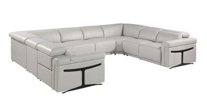 Light Gray Italian Leather Power Reclining U Shaped Eight Piece Corner Sectional With Console HomeRoots