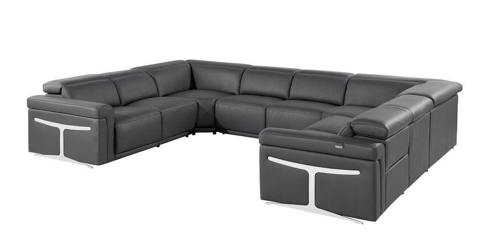 Dark Gray Italian Leather Power Reclining U Shaped Eight Piece Corner Sectional With Console HomeRoots