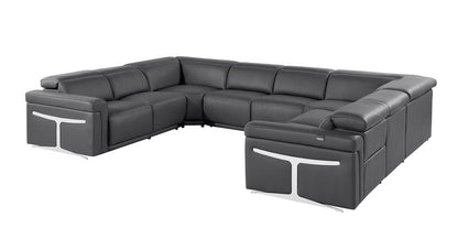 Dark Gray Italian Leather Power Reclining U Shaped Eight Piece Corner Sectional With Console HomeRoots