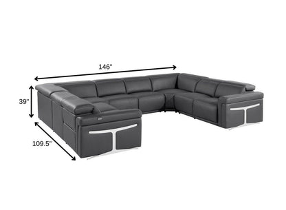 Dark Gray Italian Leather Power Reclining U Shaped Eight Piece Corner Sectional With Console HomeRoots