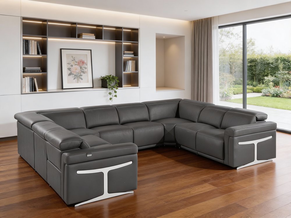 Dark Gray Italian Leather Power Reclining U Shaped Eight Piece Corner Sectional With Console - FurniFindUSA