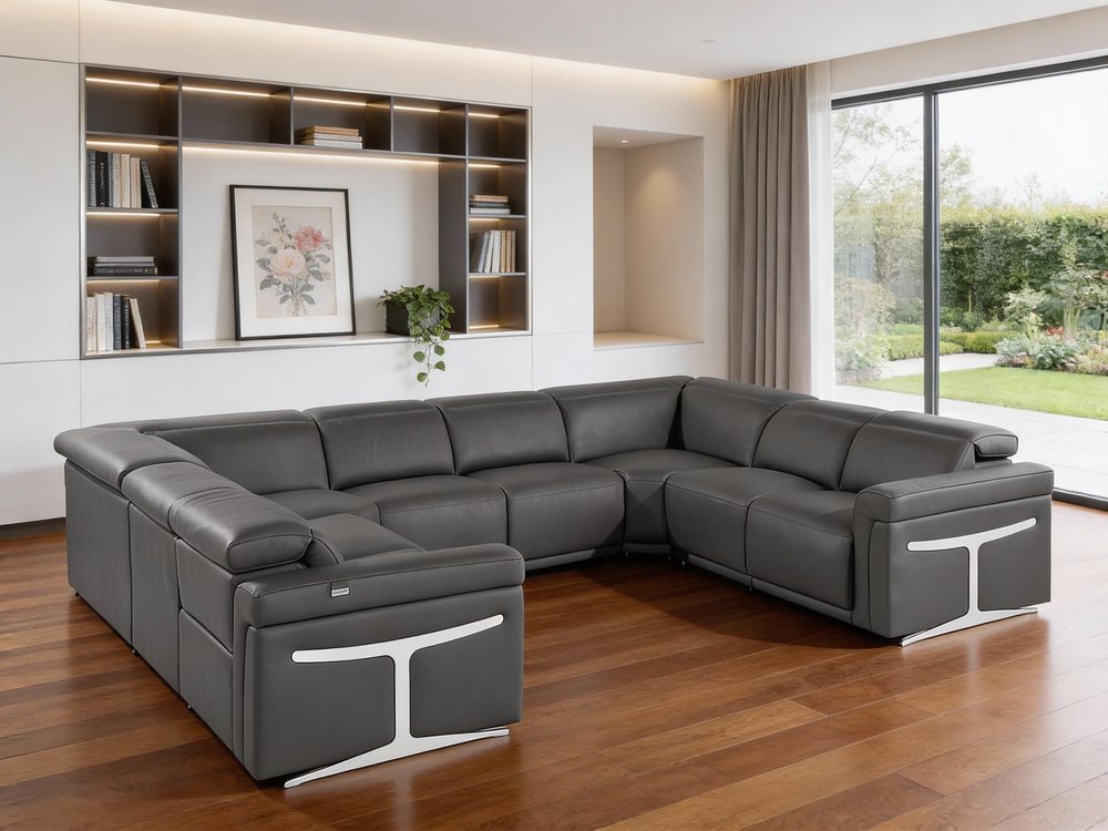Dark Gray Italian Leather Power Reclining U Shaped Eight Piece Corner Sectional With Console HomeRoots