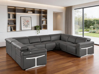 Dark Gray Italian Leather Power Reclining U Shaped Eight Piece Corner Sectional With Console HomeRoots