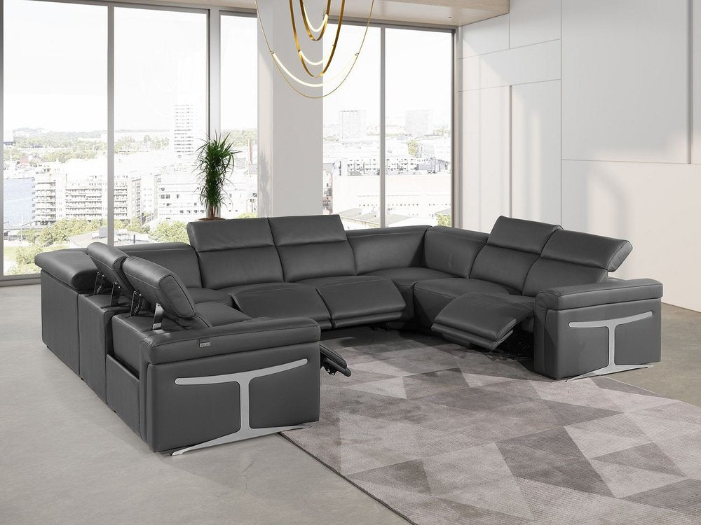Dark Gray Italian Leather Power Reclining U Shaped Eight Piece Corner Sectional With Console - FurniFindUSA