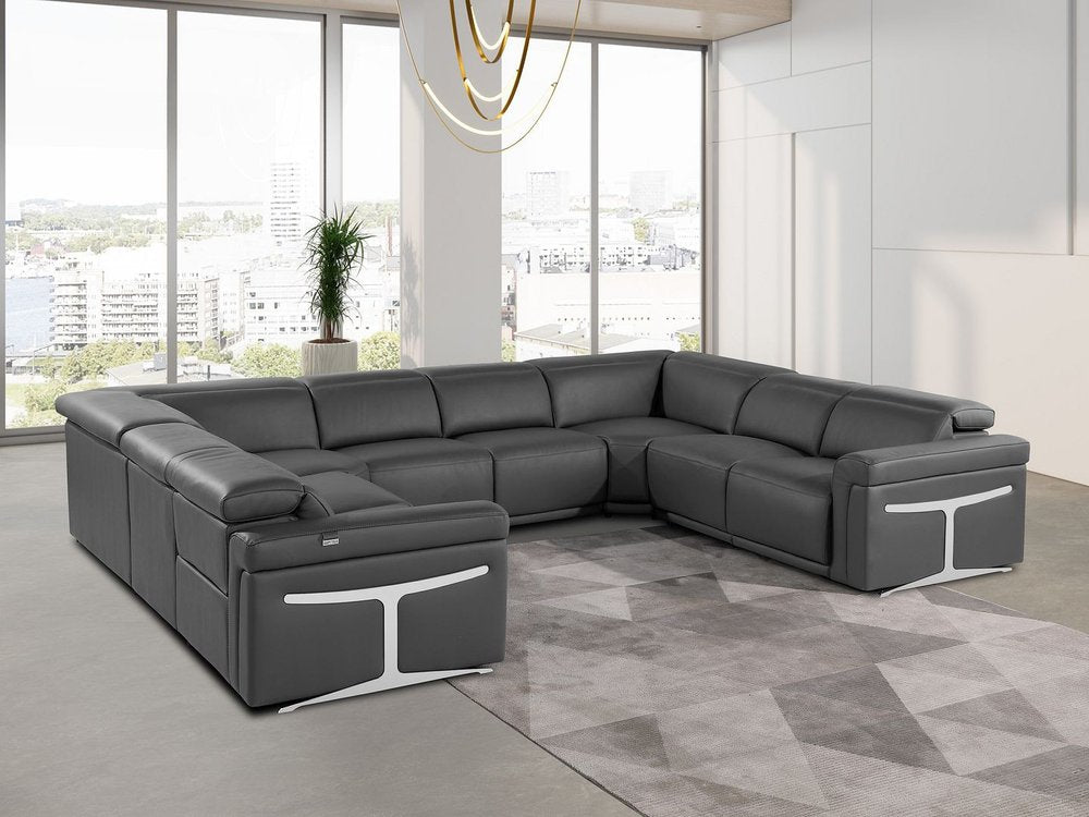 Dark Gray Italian Leather Power Reclining U Shaped Eight Piece Corner Sectional With Console HomeRoots
