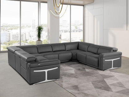 Dark Gray Italian Leather Power Reclining U Shaped Eight Piece Corner Sectional With Console HomeRoots