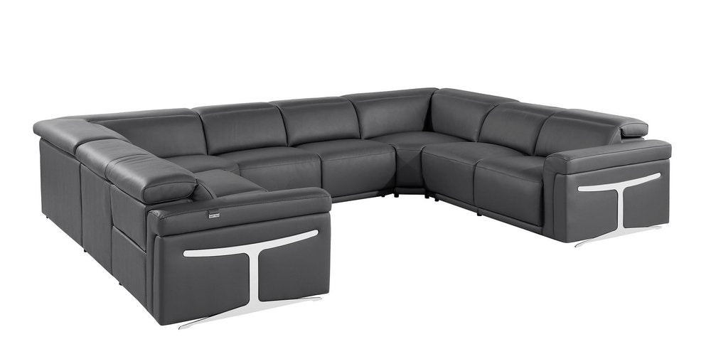 Dark Gray Italian Leather Power Reclining U Shaped Eight Piece Corner Sectional With Console HomeRoots