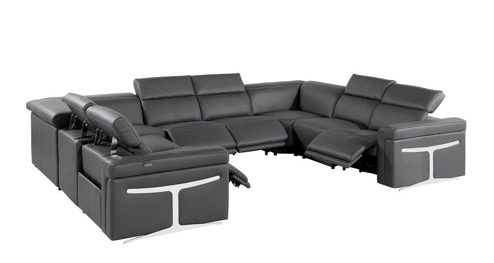 Dark Gray Italian Leather Power Reclining U Shaped Eight Piece Corner Sectional With Console HomeRoots
