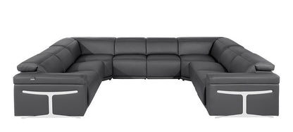 Dark Gray Italian Leather Power Reclining U Shaped Eight Piece Corner Sectional With Console - FurniFindUSA
