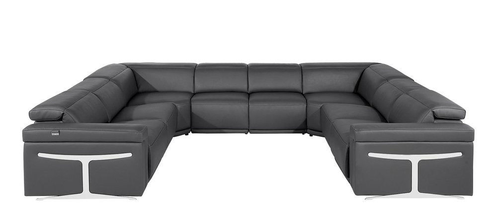 Dark Gray Italian Leather Power Reclining U Shaped Eight Piece Corner Sectional With Console HomeRoots