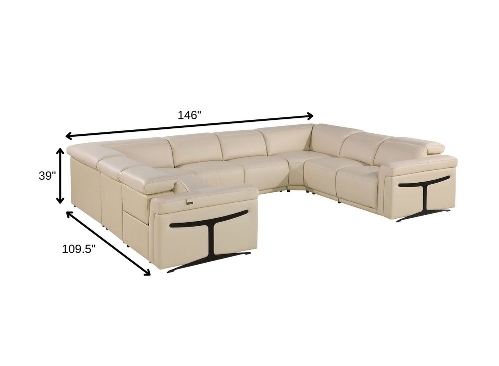 Beige Italian Leather Power Reclining U Shaped Eight Piece Corner Sectional With Console HomeRoots