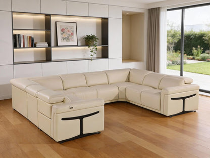 Beige Italian Leather Power Reclining U Shaped Eight Piece Corner Sectional With Console HomeRoots