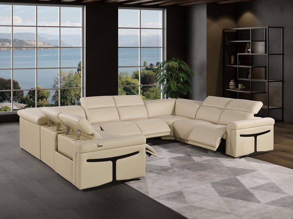Beige Italian Leather Power Reclining U Shaped Eight Piece Corner Sectional With Console - FurniFindUSA